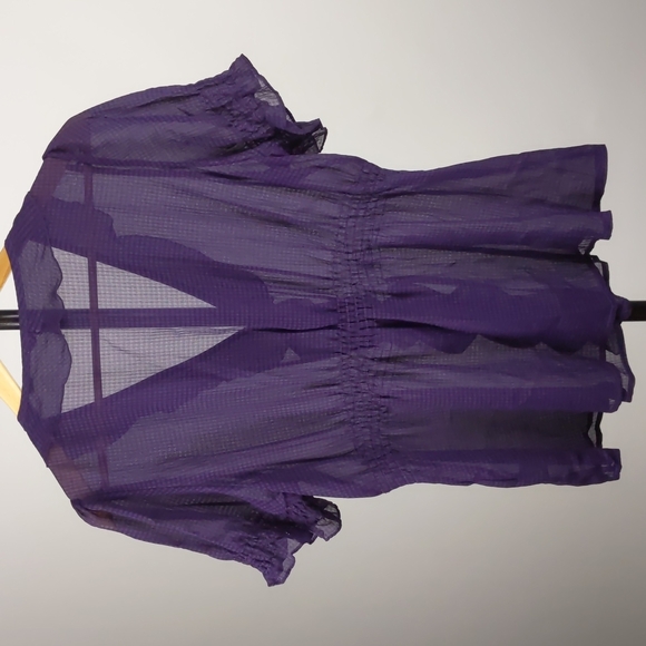Basque Blouse Size 14 Purple Sheer Ruffle Short Sleeve Button-up Check Elastic - Picture 8 of 13